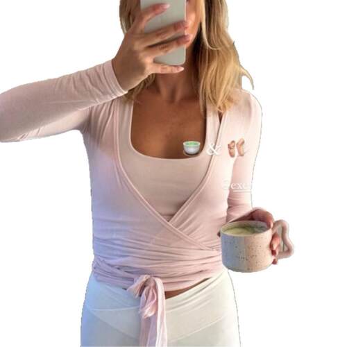 Women Cross Wrap Tie Top Long Sleeve Deep V Neckfit Workout - 图3