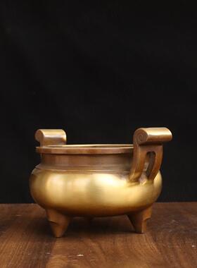 纯黄铜仿古官帽炉插香摆件家用桌面供佛香具铜三足香炉香薰炉摆设