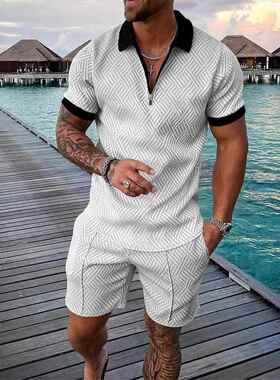 Men's zipper lapel shirt short sleeved set
