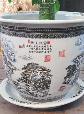 景德镇陶瓷器号室内钵落地树盆花盆铁树发财树粉彩雪景新中式