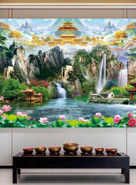 堂口供桌山水画招财靠山佛仙堂无活物装饰画客厅亭子自粘背景墙贴