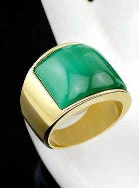 大气戒指男士霸气钛钢镀18K金指环食指祖母绿猫眼石戒子扳指刻字