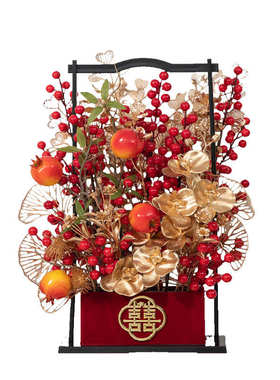 福桶提篮结婚盆景插花桶新婚之喜新房喜字仿真花创意装饰摆件批发