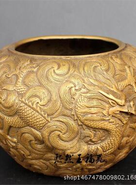 纯铜双龙笔洗摆件 仿古双龙戏珠铜缸 四龙戏珠 文房书房家居装饰