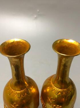 复古纯铜鎏金仿金连年有余花瓶摆件一对 铜工艺品 文创市集老物件