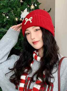 小红帽子女款秋冬针织毛线帽护耳韩版保暖冷帽红色圣诞帽