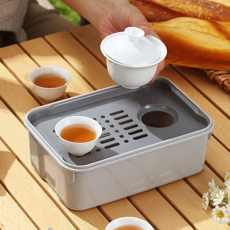 Plastic Kung Fu tea set, construction site tea tray, portable one pot, three cups of tea, travel tea tray, car tea tray storage