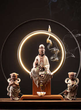 久造中式陶瓷禅意观音菩萨佛像摆件家居客厅玄关装饰摆设金童玉女