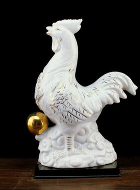 白色陶瓷公鸡摆件大号描金吉祥物客厅卧室衣柜工艺礼品摆饰招财镇