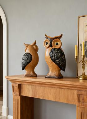 手工彩绘现代简约木制工艺猫头鹰摆件创意动物家居客厅餐厅装饰品