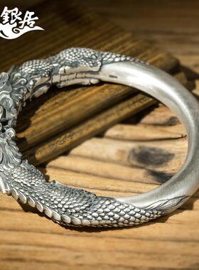 高档貔貅开手镯男士云南雪花银 口银实心原创设计手工精双雕手镯.