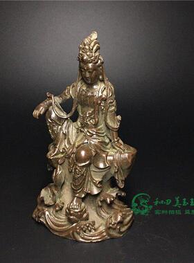 铜观音小摆件合金铜雕自在踏莲观音菩萨铜佛象供奉古玩铜器铜件