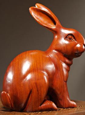 木头小兔子摆件实木质雕十二生肖木制大耳朵兔子吉祥物装饰工艺品