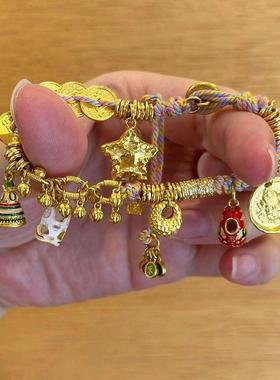 古法黄金色盘缠手链黄财神五帝币平安喜乐百搭手工编织手串送女友