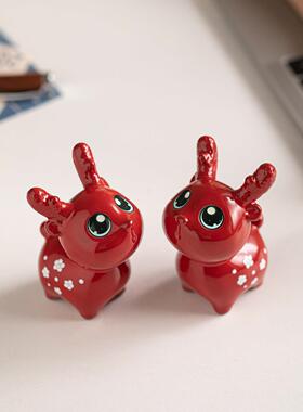 鹿平安创意陶瓷一ZJH-1220饰梅鹿小摆件家居办公室桌花面工位可爱