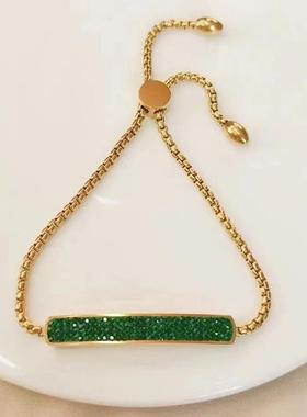 欧美长条绿钻抽拉手链女新款年钛钢小众设计个性冷淡风可调节手饰