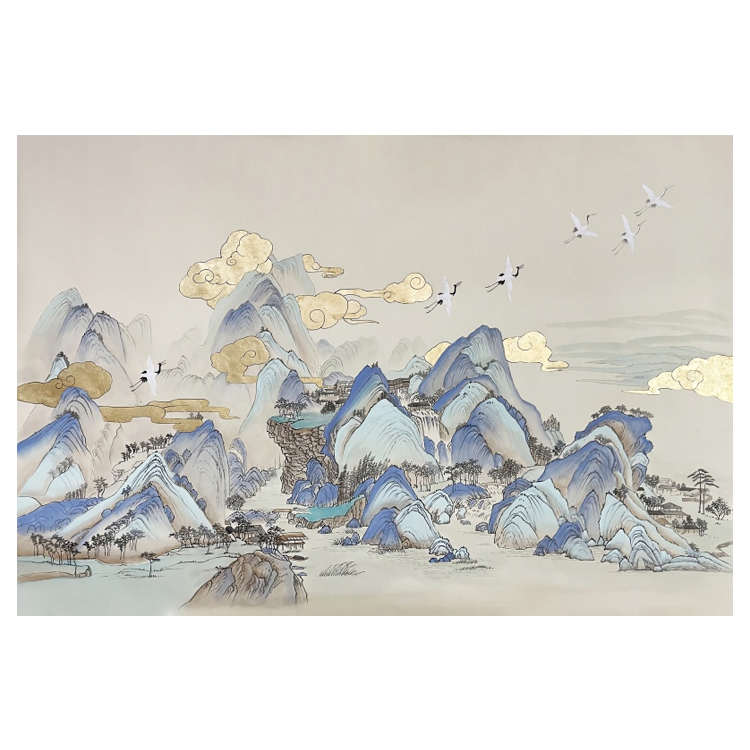 润黎斯新中式轻奢山水墙布新款手绘仙鹤壁纸沙发电视背景墙布茶室 - 图3