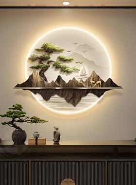 新中式玄关装饰画圆形入户迎客山水壁松画灯高禅意茶书房室HXMHY6