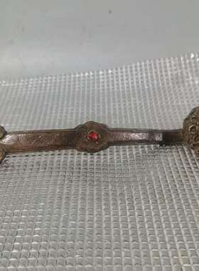 古玩杂项白铜做旧如意镶嵌红绿宝石如意摆件工艺品