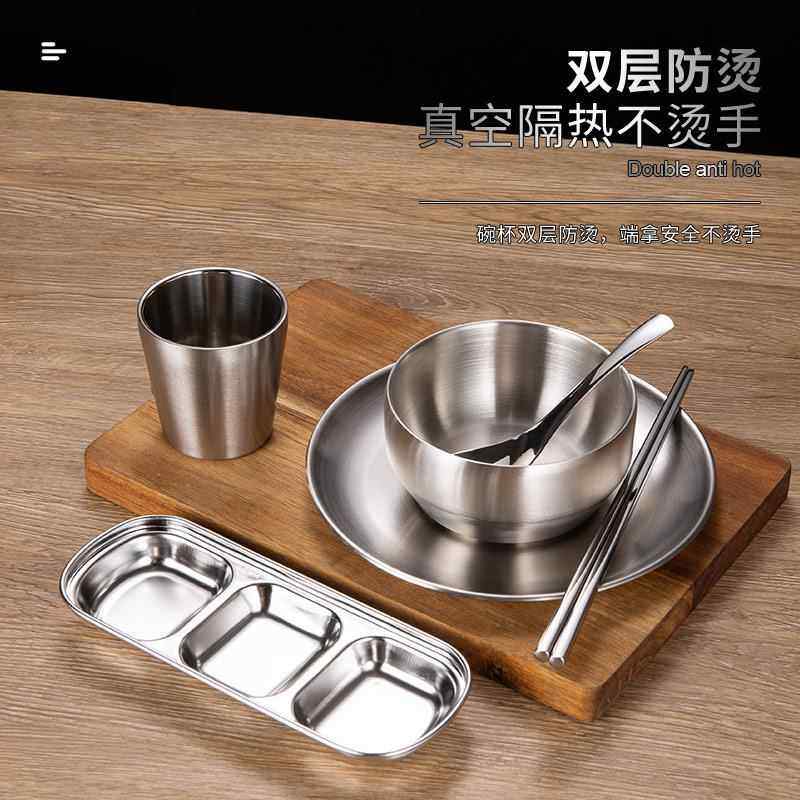 304不锈钢碗筷勺碟杯盘套装米饭碗火锅店餐具商用韩式圆盘金色碗,淘宝优惠券,粉丝福利购,淘宝优惠卷