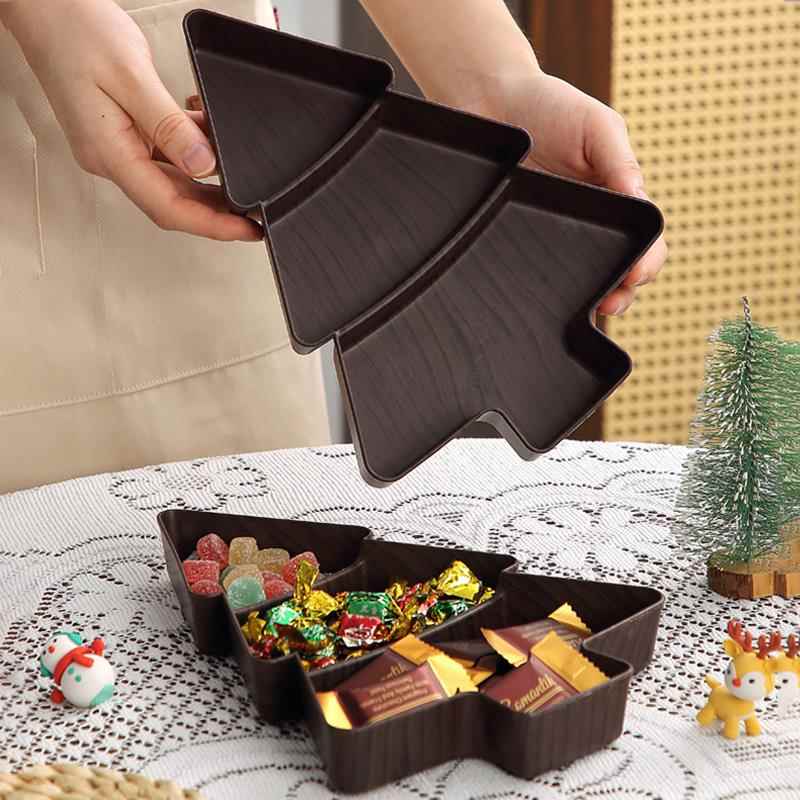 彷木纹干果盘家用塑料圣诞树分格盘创意餐桌摆件小吃零食水果盘子 - 图2