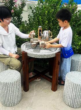 石磨茶桌茶台覆古石雕桌子凳子室内茶盘茶海户外圆形石桌石凳摆件