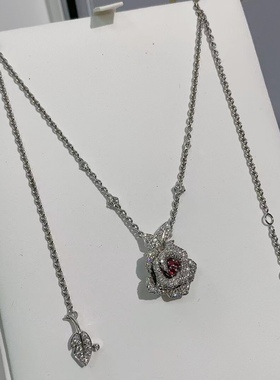 99新Dior/迪奥rose bagatelle玫瑰花红宝石满钻白金项链中号女款