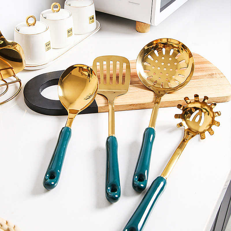 不锈钢烹饪汤勺锅铲漏勺陶瓷柄炒菜勺家用厨房厨具煎铲耐高温套装,淘宝优惠券,粉丝福利购,淘宝优惠卷