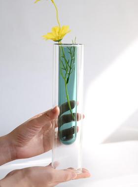 ins北欧双层彩色玻璃花瓶创意透明试管花器个性花艺百搭家居摆件