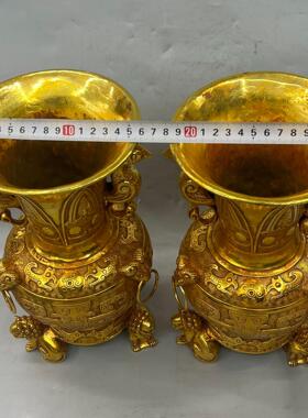 复古纯铜鎏金双凤耳三狮献宝花瓶摆件一对 黄铜工艺品文创老物件