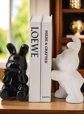 现代家居工艺摆件陶瓷书挡兔客厅书房书柜装饰品轻奢创意高档摆设