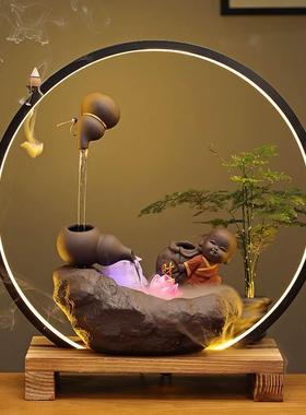 禅意中式流水器办公室桌面摆件灯圈悬空壶客厅玄关装饰品流水宣旭