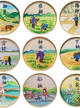 手绘圆竹编簸箕画田园休闲农场墙面装饰画复古怀旧美丽乡村振兴挂
