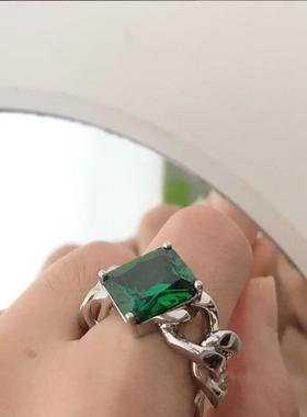 高档粗链条绿钻戒指开口复古简约个性冷淡风优雅气质绿色锆石指环