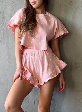 Women's casual printed set pajamas荷叶短袖圆领短裤睡衣两