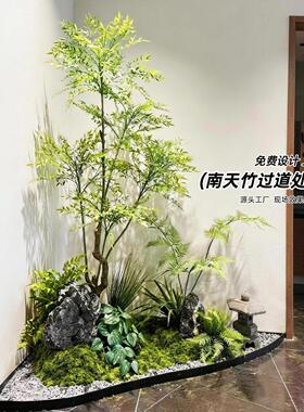 仿真绿植造景室内拐角处南天竹景观假植物组合装饰酒店高级感布置