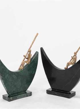 轻现代新房间雕塑样板中式装饰摆件餐桌茶几人物奢划船大理石客厅