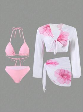Women'S Long Sleeve Bikini Cover-Up Set, Floral Print,