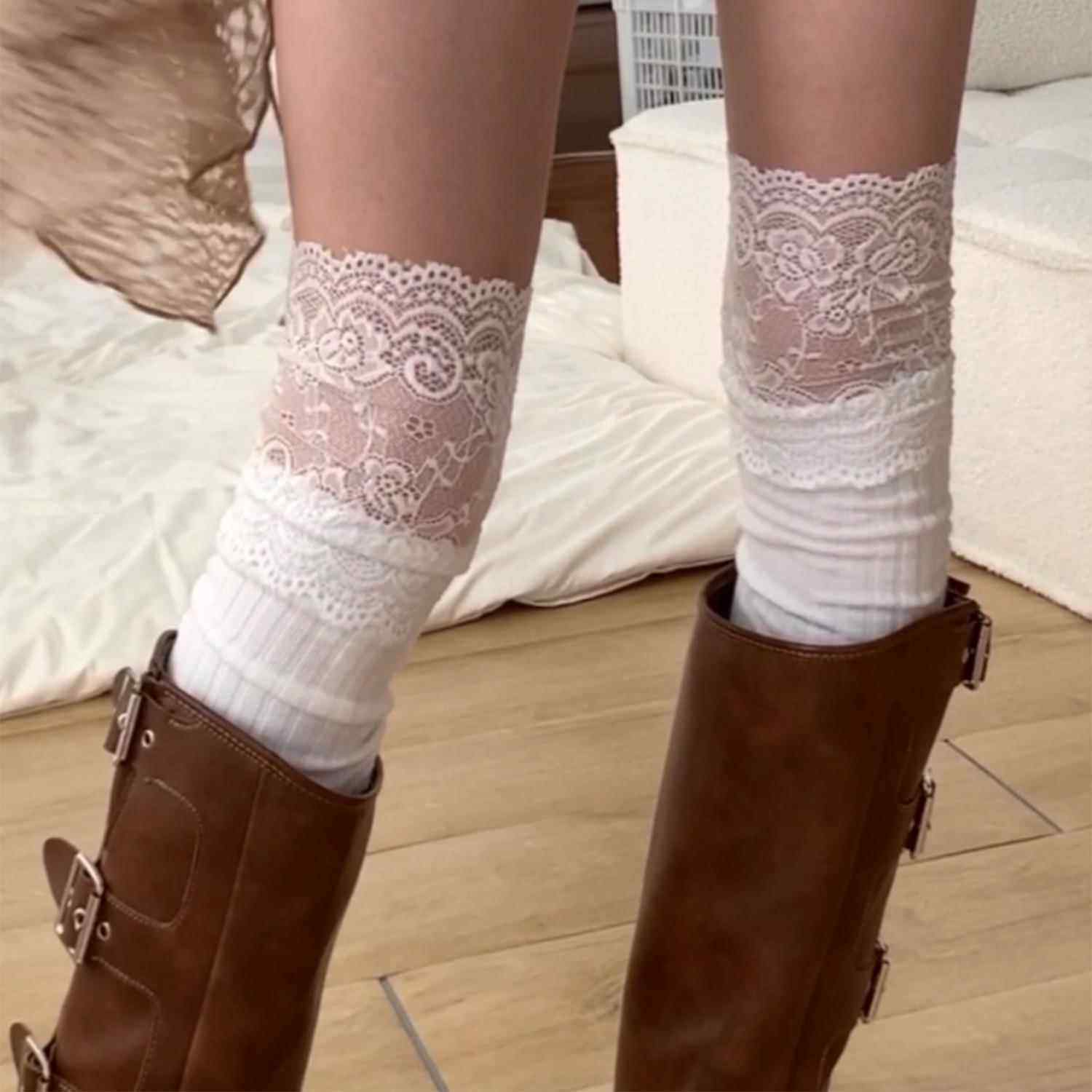 蕾丝花边小腿袜子女夏季长袜配靴子白色过膝袜jk黑色长筒袜女秋冬,淘宝优惠券,粉丝福利购,淘宝优惠卷