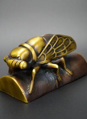 高档黄铜知了摆件铜蝉纸客一镇鸣惊人纯压纸文房书房厅办公室摆设