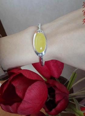 高档S925银手空托银托镶嵌适琥合珀蜜蜡玉镯宝石南红13*1石8