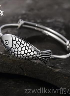 新款戴家手古工纯银手镯999纯银银大鱼手镯女足中式复镯子匠七夕