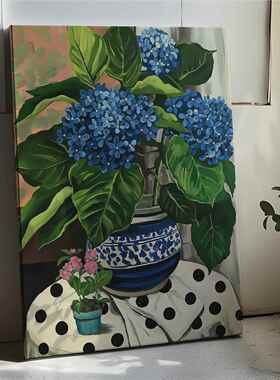 无尽夏 现代花卉蓝色绣球装饰画客厅背景墙竖版清新挂画
