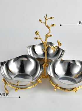 墅轻奢别金枝叶三格不轻锈钢果盘沙拉盘欧式奢散GS9066样板间拍摄