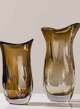 现代轻奢琥珀色艺术不规则琉璃花瓶摆件玄关餐桌样板房间软装花器