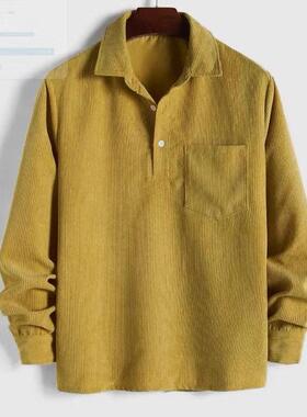 Men's Plain Pocket Half Button Corduroy Shirt Casual Comfy