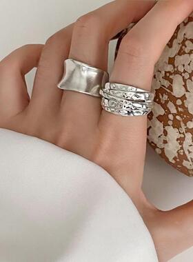 时尚宽边几何线条缠绕戒指女个性创意气质S925银开口指环食指戒潮