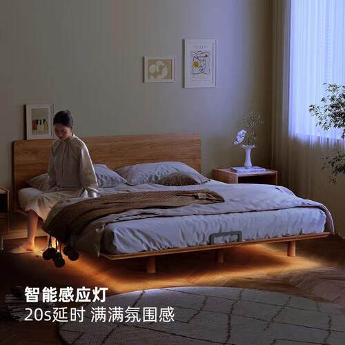 日式悬浮床带靠背全实木樱桃木床小户型榻榻米床主卧排骨架双人床 - 图0