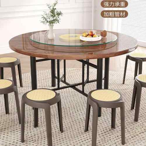 实木折叠餐桌10人15人家用饭店大圆桌带转盘食堂餐馆圆桌面板台面 - 图1