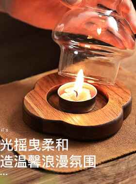异丽实木防风玻璃灯罩烛台覆古香薰蜡烛灯茶几餐桌禅意氛围摆件